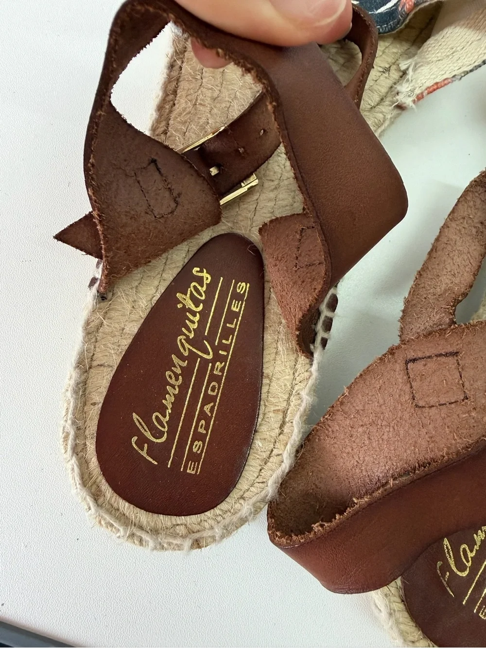 Floral Canvas Espadrille Sandals with Brown Ankle Strap - Navy & Orange